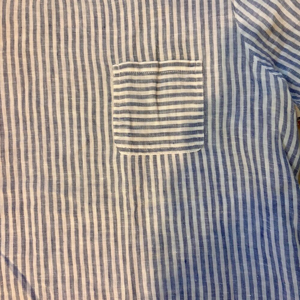 Christian Siriano 100% Linen Blue Short Sleeve Patch Pocket Striped Blouse Sz XL - Picture 4 of 9